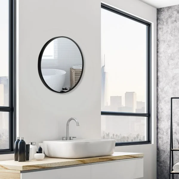 Miroir Mural Rond de 40 cm avec Cadre en Alliage d'Aluminium Décoration pour Salle de Bain Salon Chambre Entrée Noir