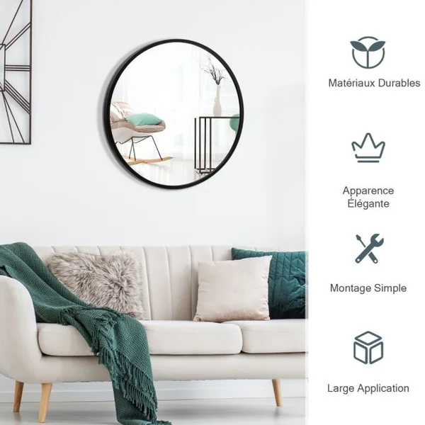 Miroir Mural Rond de 40 cm avec Cadre en Alliage d'Aluminium Décoration pour Salle de Bain Salon Chambre Entrée Noir