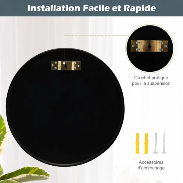 Miroir Mural Rond de 40 cm avec Cadre en Alliage d'Aluminium Décoration pour Salle de Bain Salon Chambre Entrée Noir