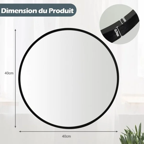 Miroir Mural Rond de 40 cm avec Cadre en Alliage d'Aluminium Décoration pour Salle de Bain Salon Chambre Entrée Noir
