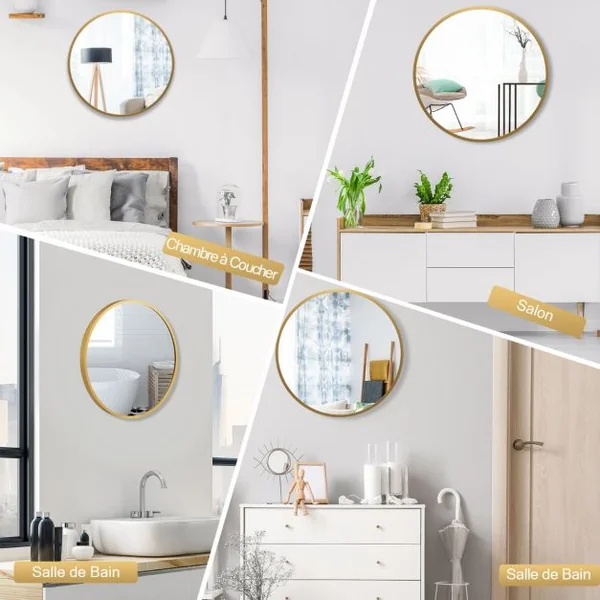 Miroir Mural Rond de 40 cm avec Cadre en Alliage d'Aluminium Décoration pour Salle de Bain Salon Chambre Entrée Or
