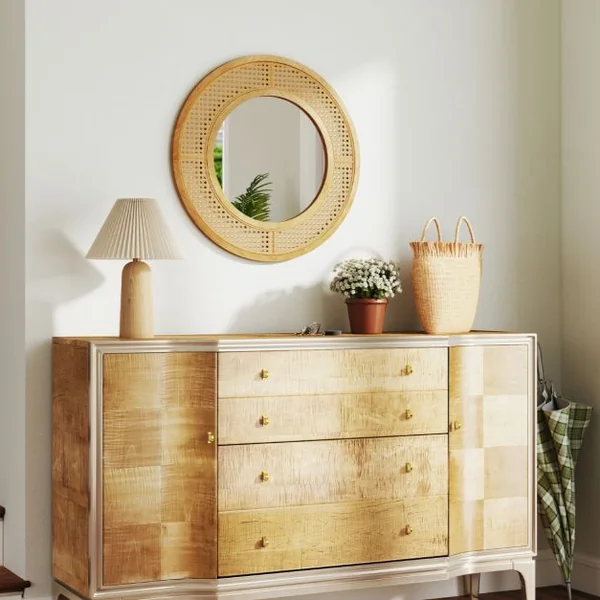Miroir Mural Rond en Rotin Miroir à Cadre en Bois de 65 cm avec Verre en Aluminium Crochet Métallique et Vis d'Expansion Naturel