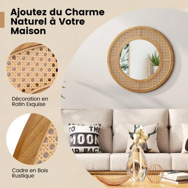 Miroir Mural Rond en Rotin Miroir à Cadre en Bois de 65 cm avec Verre en Aluminium Crochet Métallique et Vis d'Expansion Naturel