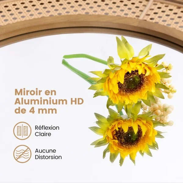 Miroir Mural Rond en Rotin Miroir à Cadre en Bois de 65 cm avec Verre en Aluminium Crochet Métallique et Vis d'Expansion Naturel