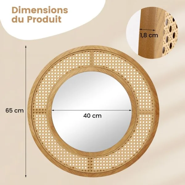 Miroir Mural Rond en Rotin Miroir à Cadre en Bois de 65 cm avec Verre en Aluminium Crochet Métallique et Vis d'Expansion Naturel