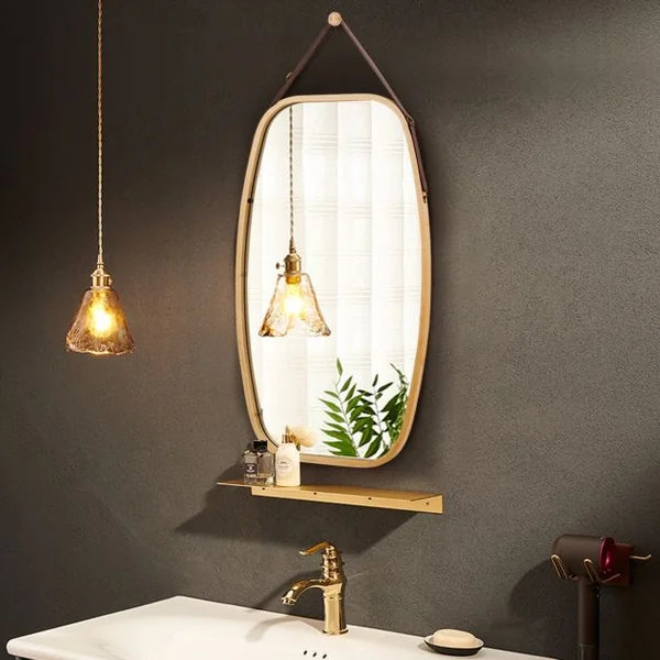 Miroir Mural Suspendu avec Cadre en Bambou et Sangle en Cuir Réglable Coin Arrondi 77 x 44 x 1,5cm