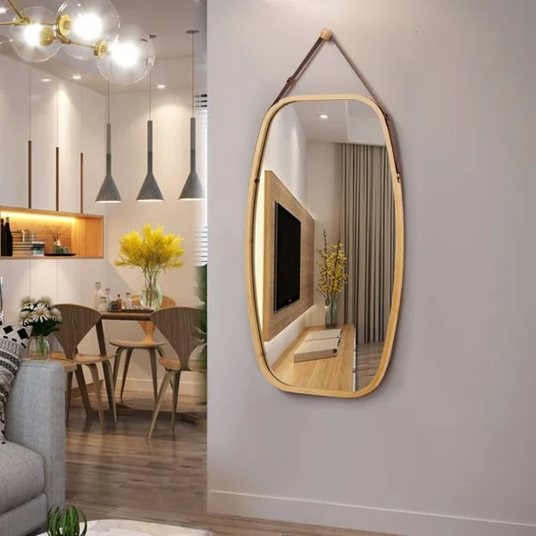 Miroir Mural Suspendu avec Cadre en Bambou et Sangle en Cuir Réglable Coin Arrondi 77 x 44 x 1,5cm