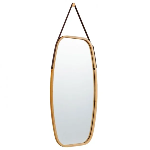 Miroir Mural Suspendu avec Cadre en Bambou et Sangle en Cuir Réglable Coin Arrondi 77 x 44 x 1,5cm
