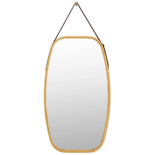Miroir Mural Suspendu avec Cadre en Bambou et Sangle en Cuir Réglable Coin Arrondi 77 x 44 x 1,5cm