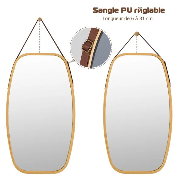 Miroir Mural Suspendu avec Cadre en Bambou et Sangle en Cuir Réglable Coin Arrondi 77 x 44 x 1,5cm