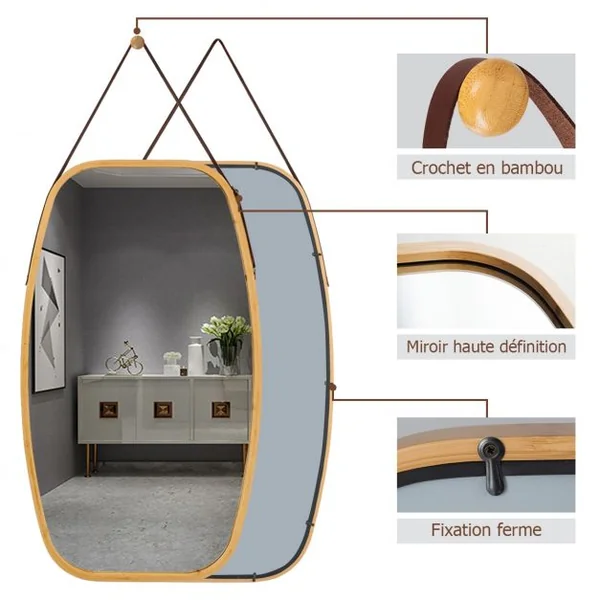 Miroir Mural Suspendu avec Cadre en Bambou et Sangle en Cuir Réglable Coin Arrondi 77 x 44 x 1,5cm