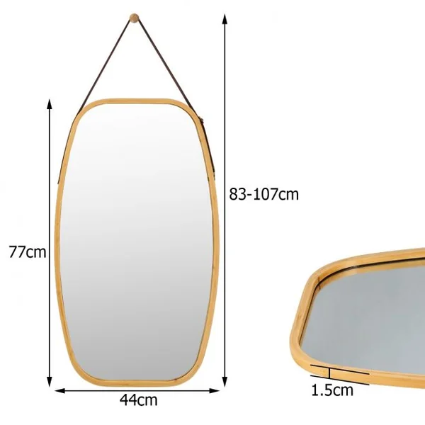 Miroir Mural Suspendu avec Cadre en Bambou et Sangle en Cuir Réglable Coin Arrondi 77 x 44 x 1,5cm