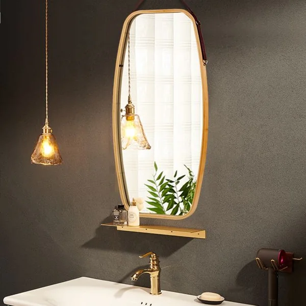 Miroir Mural Suspendu avec Cadre en Bambou et Sangle en Cuir Réglable Coin Arrondi 99 x 45 x 1,5cm