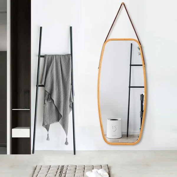 Miroir Mural Suspendu avec Cadre en Bambou et Sangle en Cuir Réglable Coin Arrondi 99 x 45 x 1,5cm
