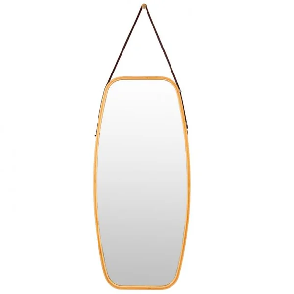 Miroir Mural Suspendu avec Cadre en Bambou et Sangle en Cuir Réglable Coin Arrondi 99 x 45 x 1,5cm