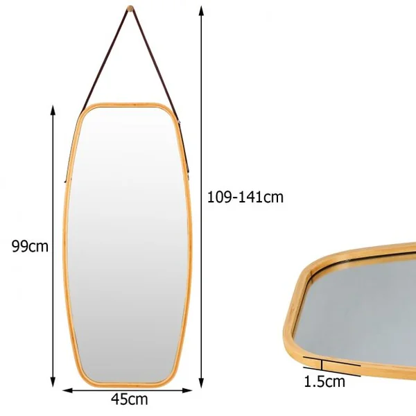 Miroir Mural Suspendu avec Cadre en Bambou et Sangle en Cuir Réglable Coin Arrondi 99 x 45 x 1,5cm