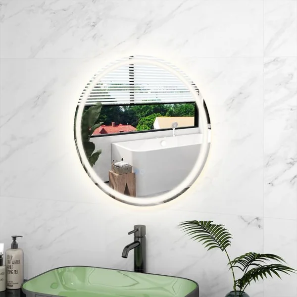 Miroir Rond Mural Dia.60 cm avec Lumières à Intensité Variable à 3 Couleurs Interrupteur Tactile Fonction Antibuée et Mémoire Sans Cadre