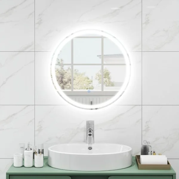 Miroir Rond Mural Dia.60 cm avec Lumières à Intensité Variable à 3 Couleurs Interrupteur Tactile Fonction Antibuée et Mémoire Sans Cadre