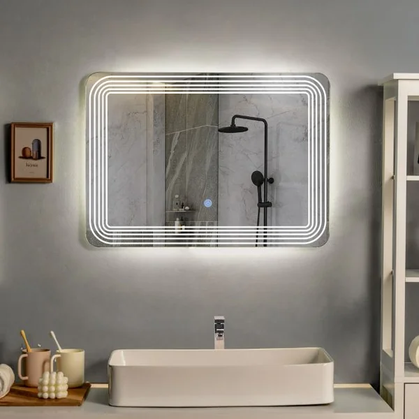 Miroir Salle de Bain LED 70x50cm avec 3 Couleurs et Luminosité Réglables 5 Bandes LED sur Surface Interrupteur Tactile