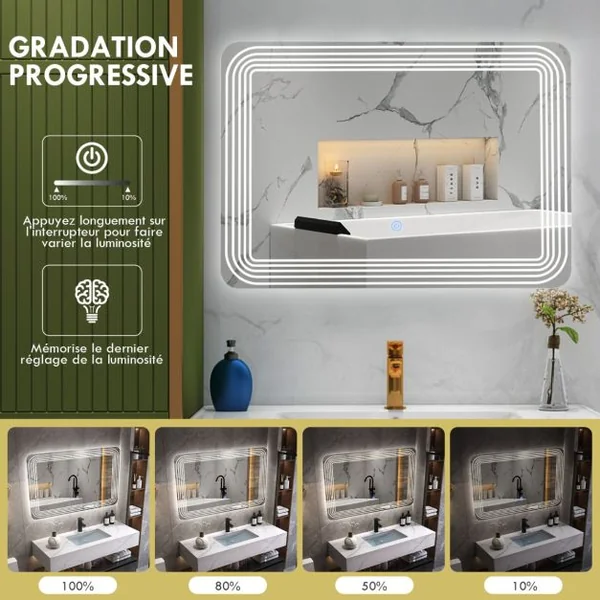 Miroir Salle de Bain LED 70x50cm avec 3 Couleurs et Luminosité Réglables 5 Bandes LED sur Surface Interrupteur Tactile