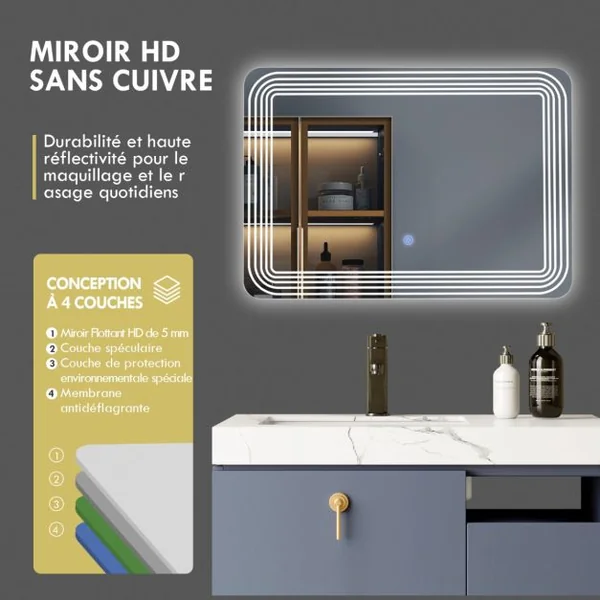 Miroir Salle de Bain LED 70x50cm avec 3 Couleurs et Luminosité Réglables 5 Bandes LED sur Surface Interrupteur Tactile