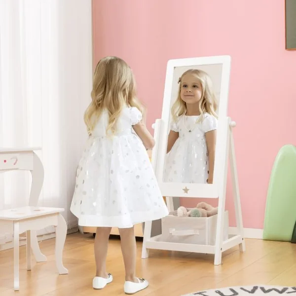 Miroir sur Pied Rotatif à 360° pour Enfants avec Bac de Rangement en Tissu Miroir d'Habillage en Acrylique avec 2 Crochets Blanc