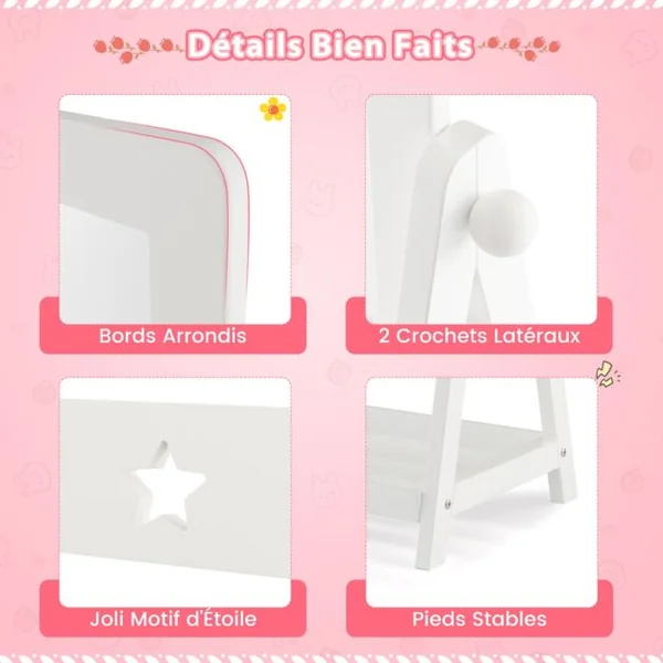 Miroir sur Pied Rotatif à 360° pour Enfants avec Bac de Rangement en Tissu Miroir d'Habillage en Acrylique avec 2 Crochets Blanc