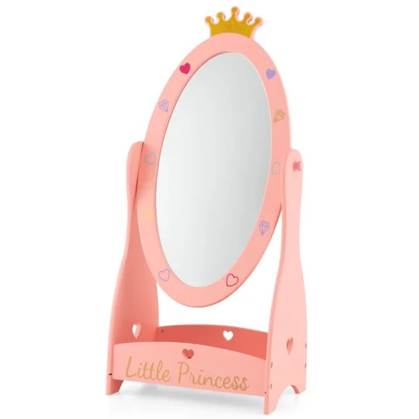 Miroir sur Pied Rotatif à 360° pour Enfants avec Motif de Couronne Miroir d'Habillage Ovale en Acrylique avec Etagère de Rangement 3 Ans+