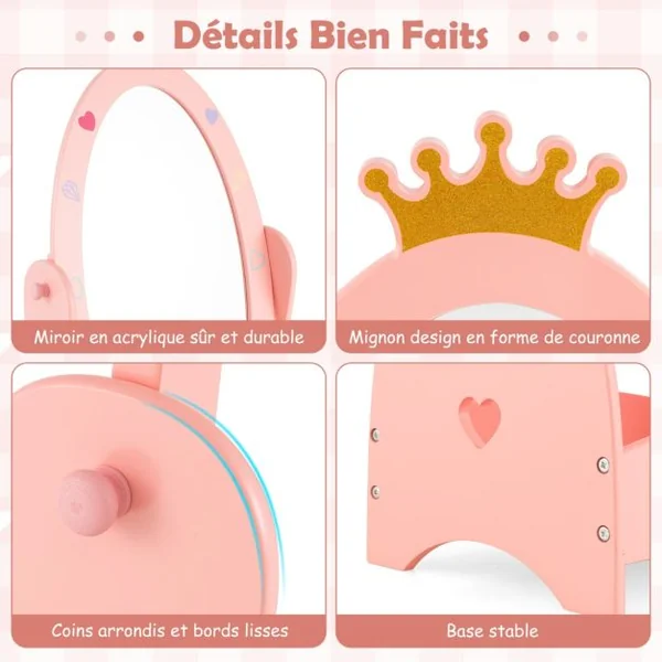 Miroir sur Pied Rotatif à 360° pour Enfants avec Motif de Couronne Miroir d'Habillage Ovale en Acrylique avec Etagère de Rangement 3 Ans+