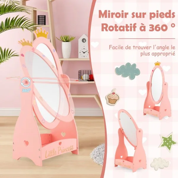 Miroir sur Pied Rotatif à 360° pour Enfants avec Motif de Couronne Miroir d'Habillage Ovale en Acrylique avec Etagère de Rangement 3 Ans+