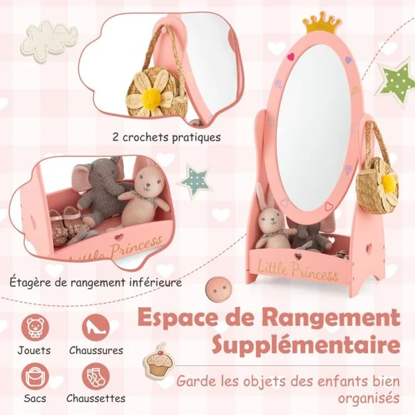 Miroir sur Pied Rotatif à 360° pour Enfants avec Motif de Couronne Miroir d'Habillage Ovale en Acrylique avec Etagère de Rangement 3 Ans+
