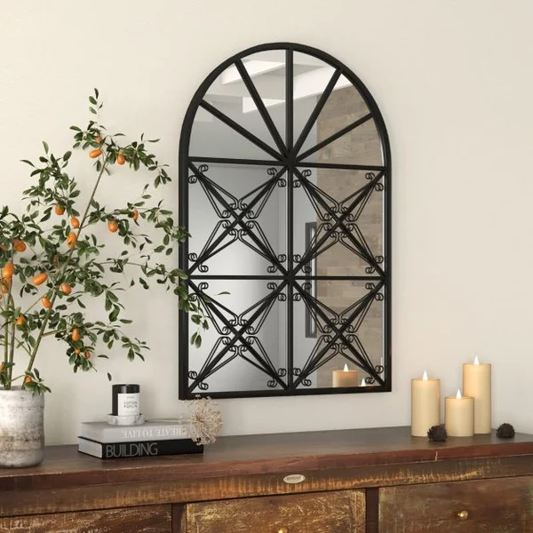 Miroir à Fenêtre Arquée 58 x 87 cm Miroir Décoratif Mural avec Cadre en Métal Miroir de Décoration à Fenêtre Suspendue Noir