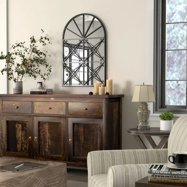 Miroir à Fenêtre Arquée 58 x 87 cm Miroir Décoratif Mural avec Cadre en Métal Miroir de Décoration à Fenêtre Suspendue Noir