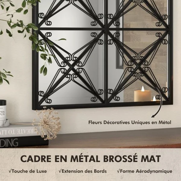 Miroir à Fenêtre Arquée 58 x 87 cm Miroir Décoratif Mural avec Cadre en Métal Miroir de Décoration à Fenêtre Suspendue Noir