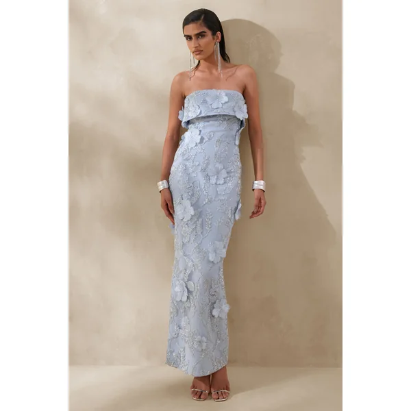 Misha | Robe longue bandeau bleu clair à fleurs 3D