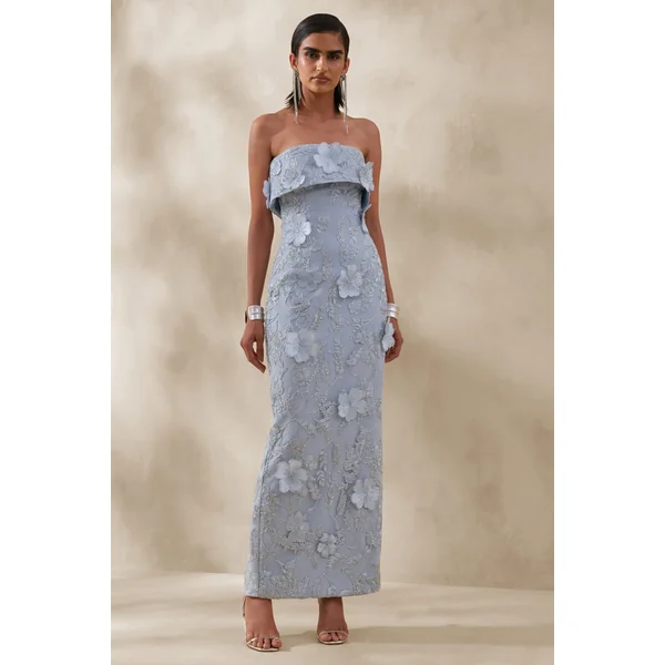 Misha | Robe longue bandeau bleu clair à fleurs 3D