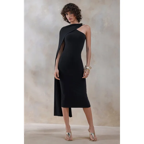 Misoria | Robe mi-longue noire à col montant avec manche cape