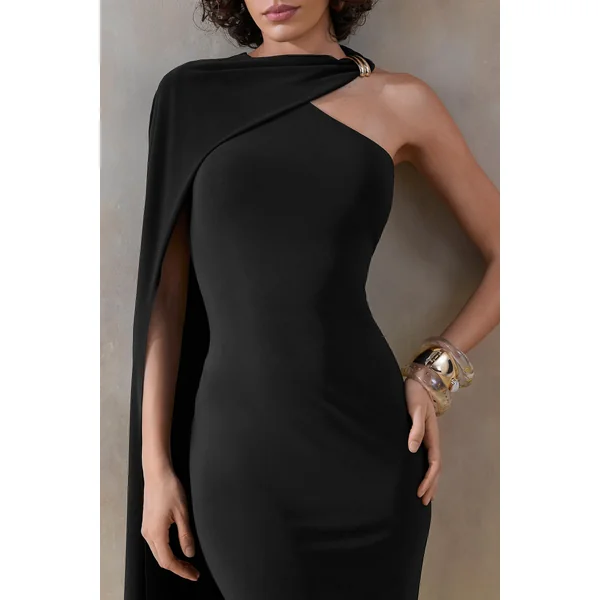 Misoria | Robe mi-longue noire à col montant avec manche cape