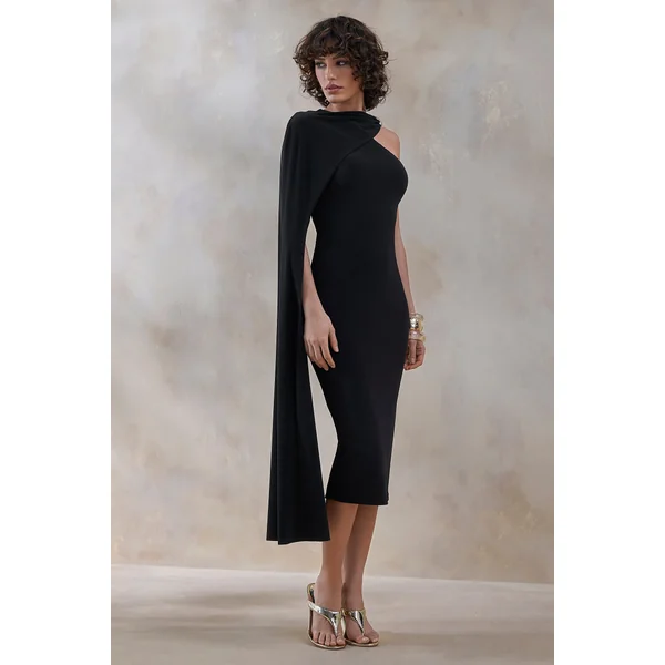 Misoria | Robe mi-longue noire à col montant avec manche cape