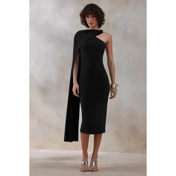 Misoria | Robe mi-longue noire à col montant avec manche cape