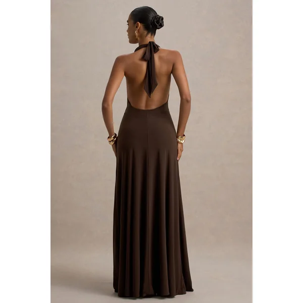 Mist | Robe longue marron à décolleté plongeant et fente