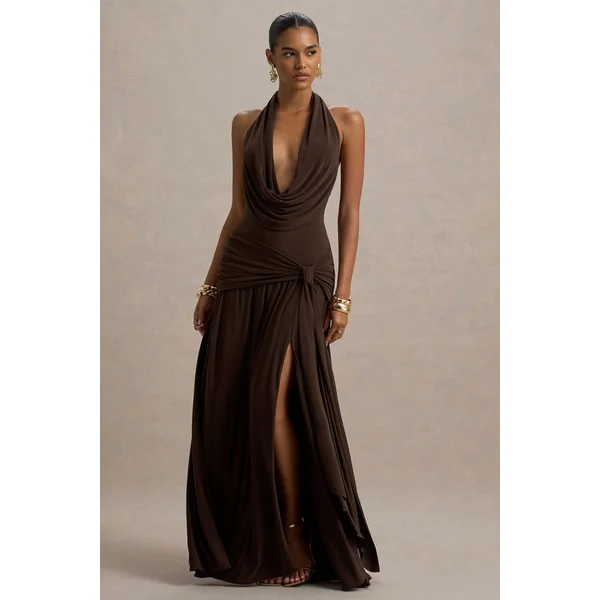 Mist | Robe longue marron à décolleté plongeant et fente