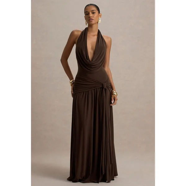 Mist | Robe longue marron à décolleté plongeant et fente