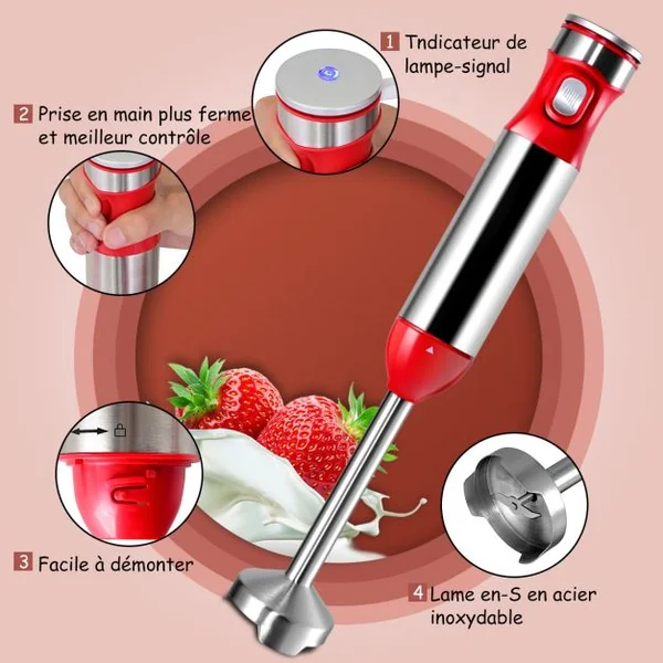 Mixeur blender puissant 1000W Blender Smoothie Hachoir avec 3 bols 700-500-1000ml Corps en acier inoxydable Rouge