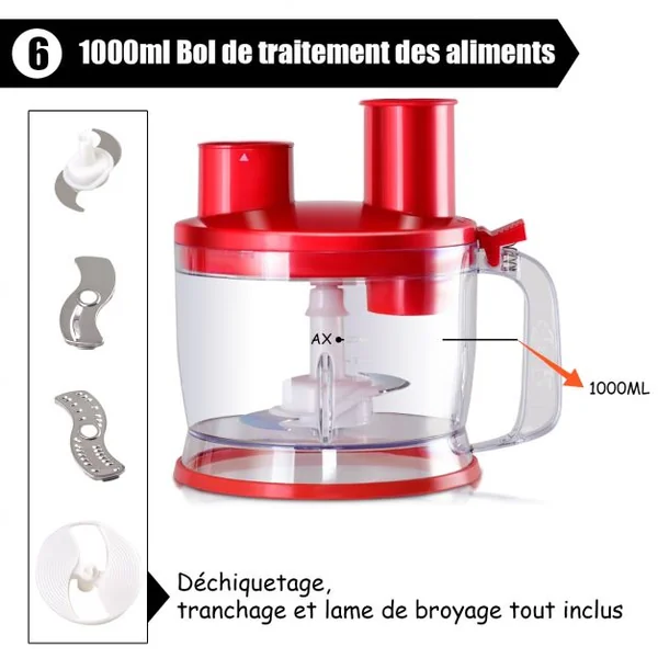 Mixeur blender puissant 1000W Blender Smoothie Hachoir avec 3 bols 700-500-1000ml Corps en acier inoxydable Rouge