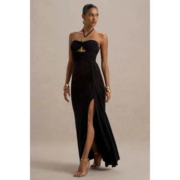 Mohito | Robe longue noire dos nu à découpe et fente