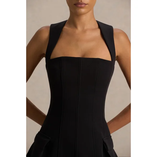 Mollie | Micro mini-robe ajustée noire à décolleté carré
