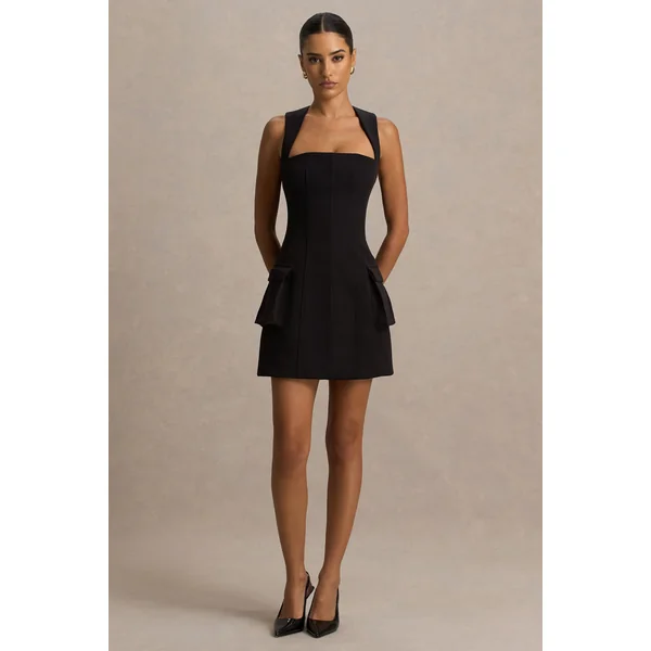 Mollie | Micro mini-robe ajustée noire à décolleté carré