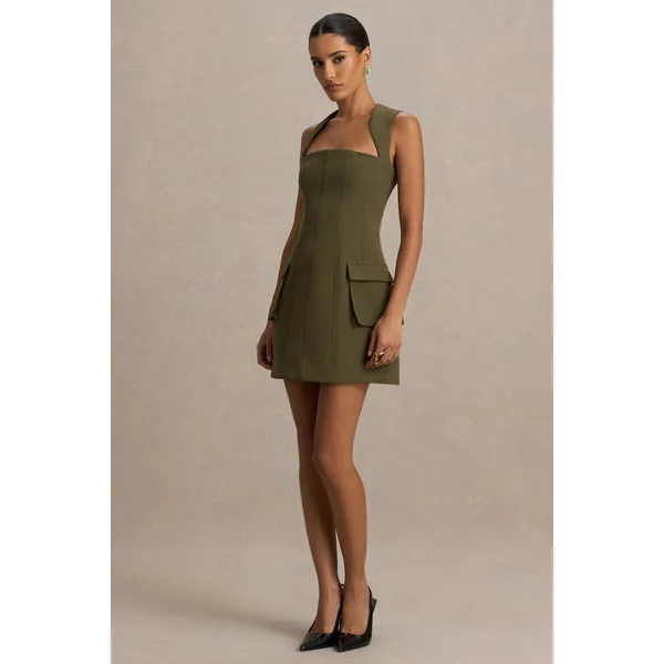 Mollie | Micro Mini-robe kaki à encolure carrée et coupe tailleur