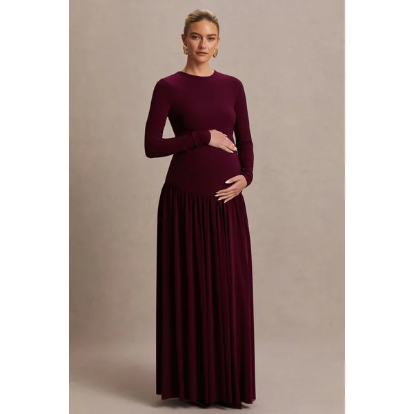 Monroe | Robe longue de maternité bordeaux à encolure ras-du-cou et taille basse
